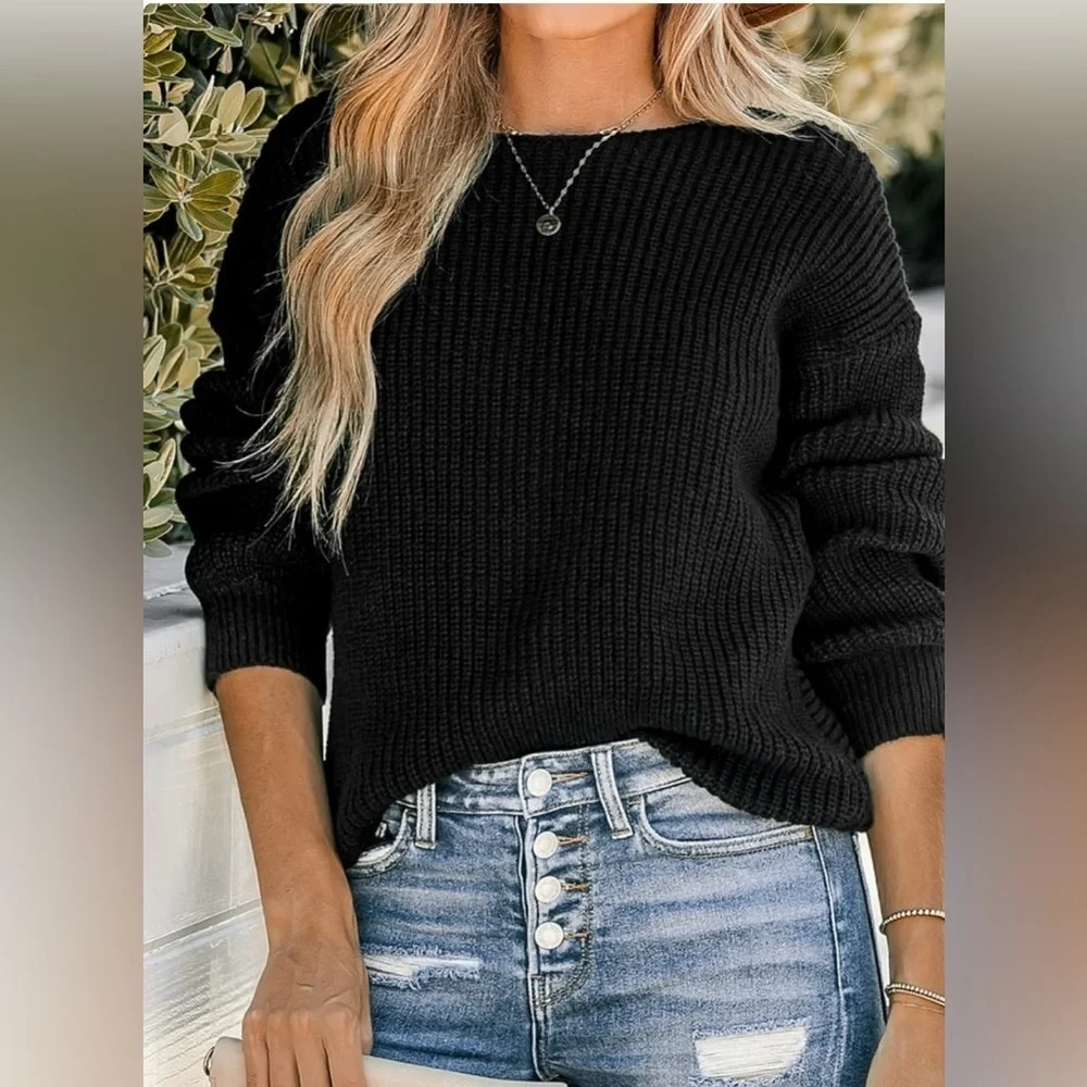 Cupshe Women's Black Chunky Knit Twist V-Back Sweater Top NWT XS V Neck